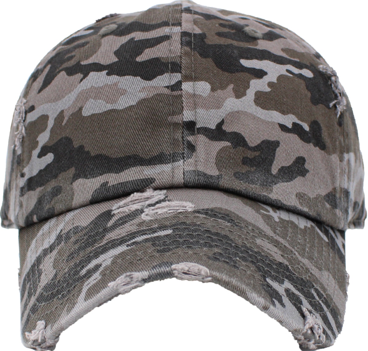 Black Camouflage Distressed Vintage Baseball Cap Front View